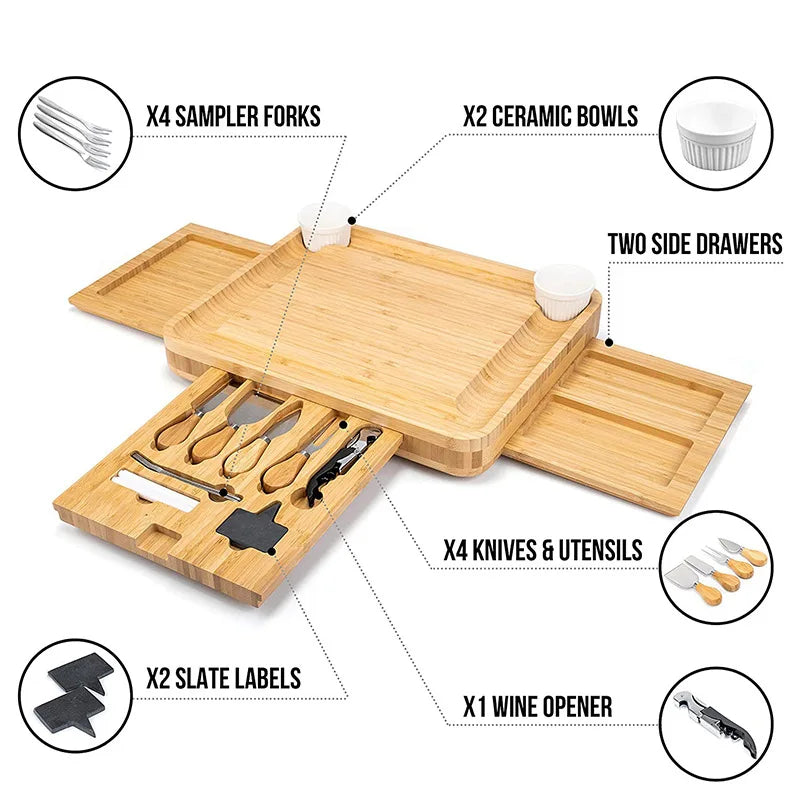 Bamboo Cheese Cutting Charcuterie Board Tray Set with Cutlery