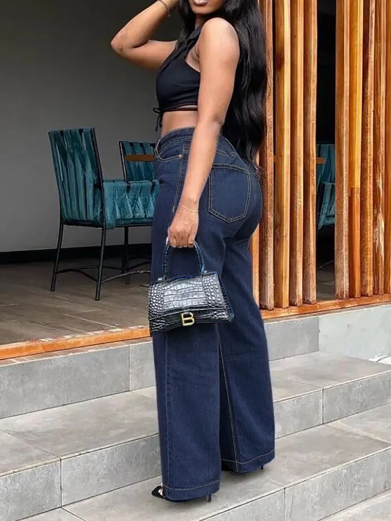 Plus Size High Waist Black Straight Stretch Wide Leg Full Length Denim Jeans