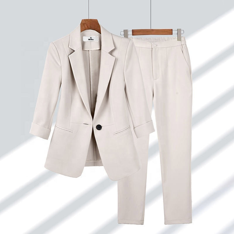 Women's Slim Fit Blazer Two-Piece Suit – Plus Size, Solid, Breathable