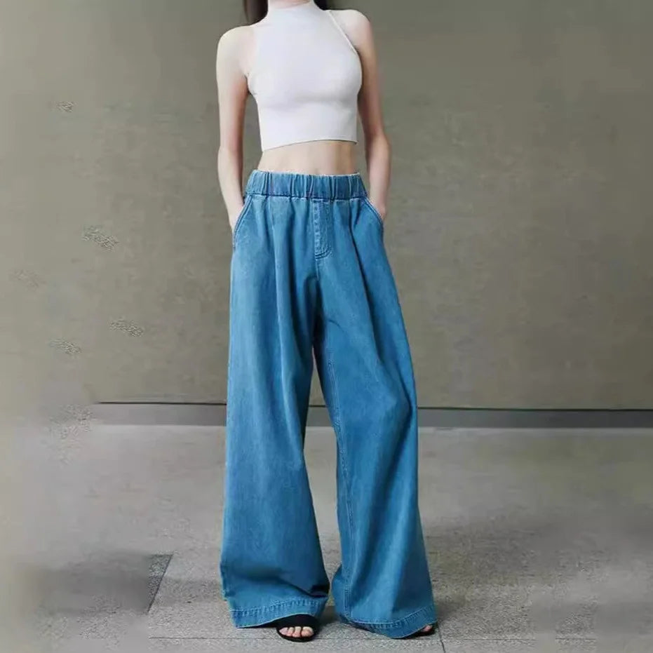 Women's Baggy Wide Leg Denim Jeans – High Waist Drawstring Casual Pants