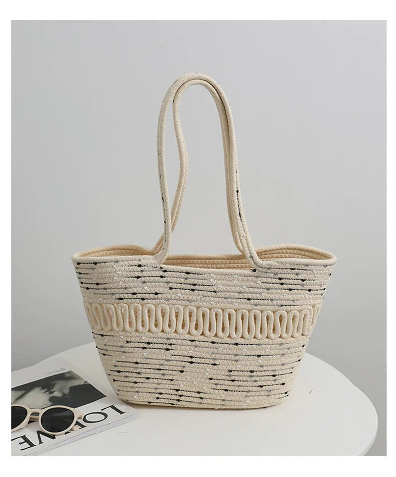 Shoulder Bag Skeleton Cotton Thread Woven Bag New Summer Large Capacity French Straw Bag Seaside Vacation Beach Totes Female