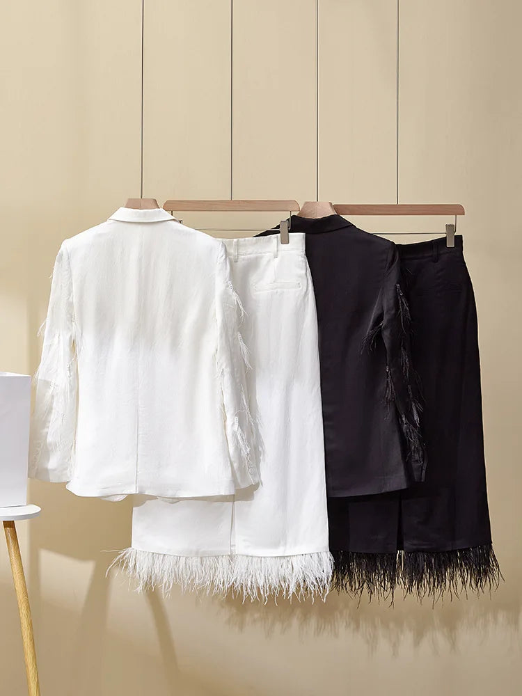 Women's Linen 2-Piece Suit – Feather Tassel Skirt & Jacket Set