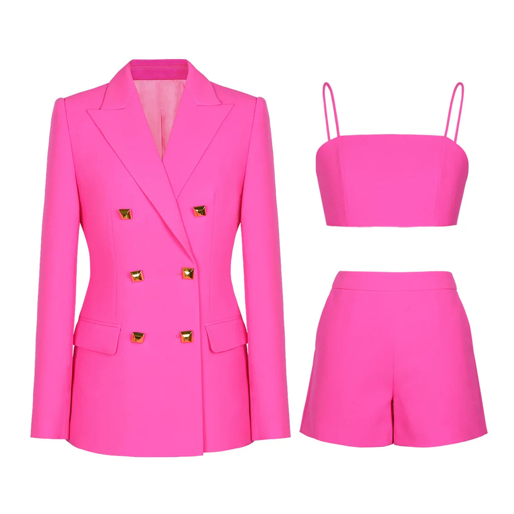 Women's 3-Piece Office Suit Set – Double-Breasted Blazer, Straight Shorts & Slip Cami