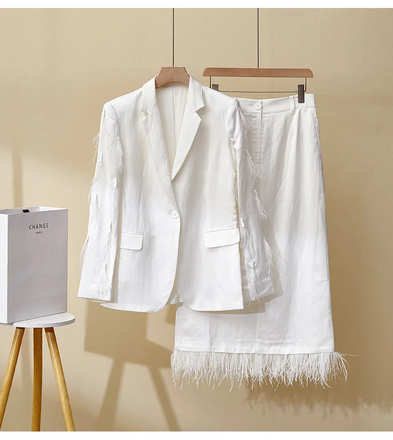 Women's Linen 2-Piece Suit – Feather Tassel Skirt & Jacket Set