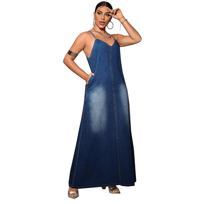 Women Long Sleeveless Pocket Loose Long Vest Denim Dress