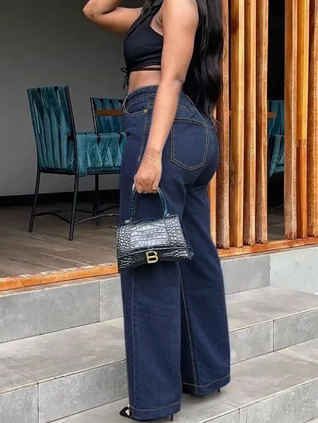Plus Size High Waist Black Straight Stretch Wide Leg Full Length Denim Jeans