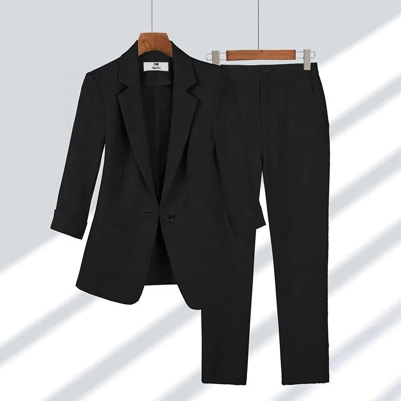 Women's Slim Fit Blazer Two-Piece Suit – Plus Size, Solid, Breathable