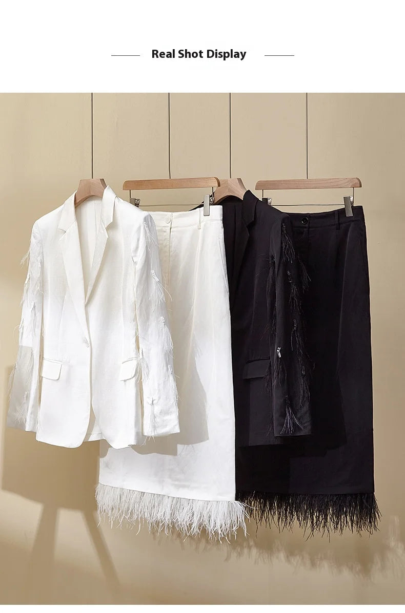Women's Linen 2-Piece Suit – Feather Tassel Skirt & Jacket Set