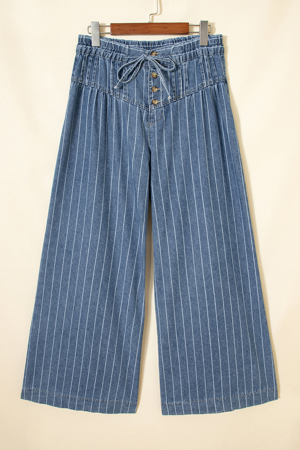 Sky Blue Stripe Wide Leg Jeans | Drawstring Waist & Pleated Detail