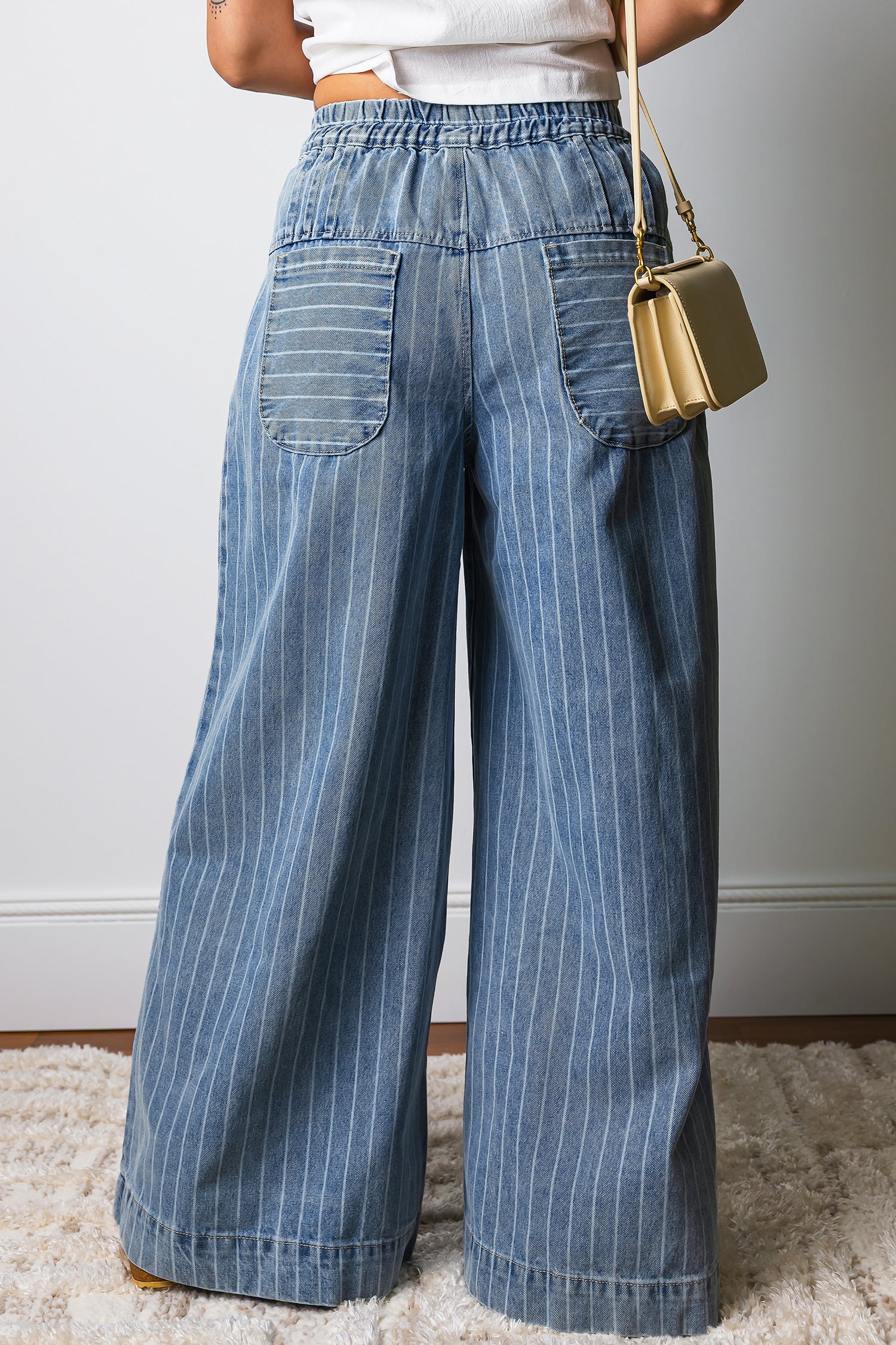 Sky Blue Stripe Wide Leg Jeans | Drawstring Waist & Pleated Detail