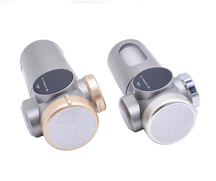 Your Essentials Online faucet water purifier with activated carbon and UV filtration. Silver and gold plastic design with digital display.
