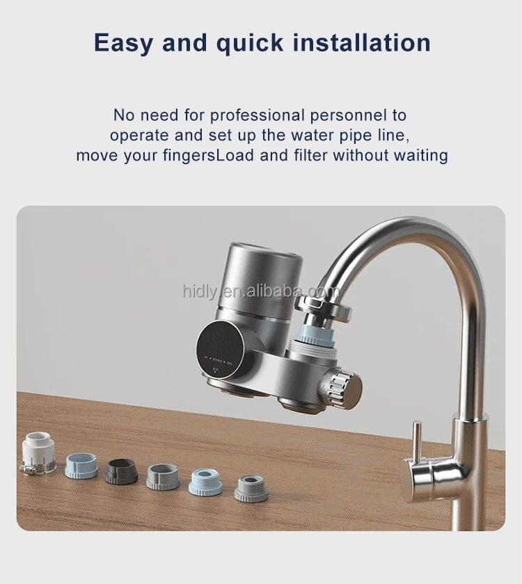 Your Essentials Online faucet water purifier with activated carbon and UV filtration, silver plastic, easy install