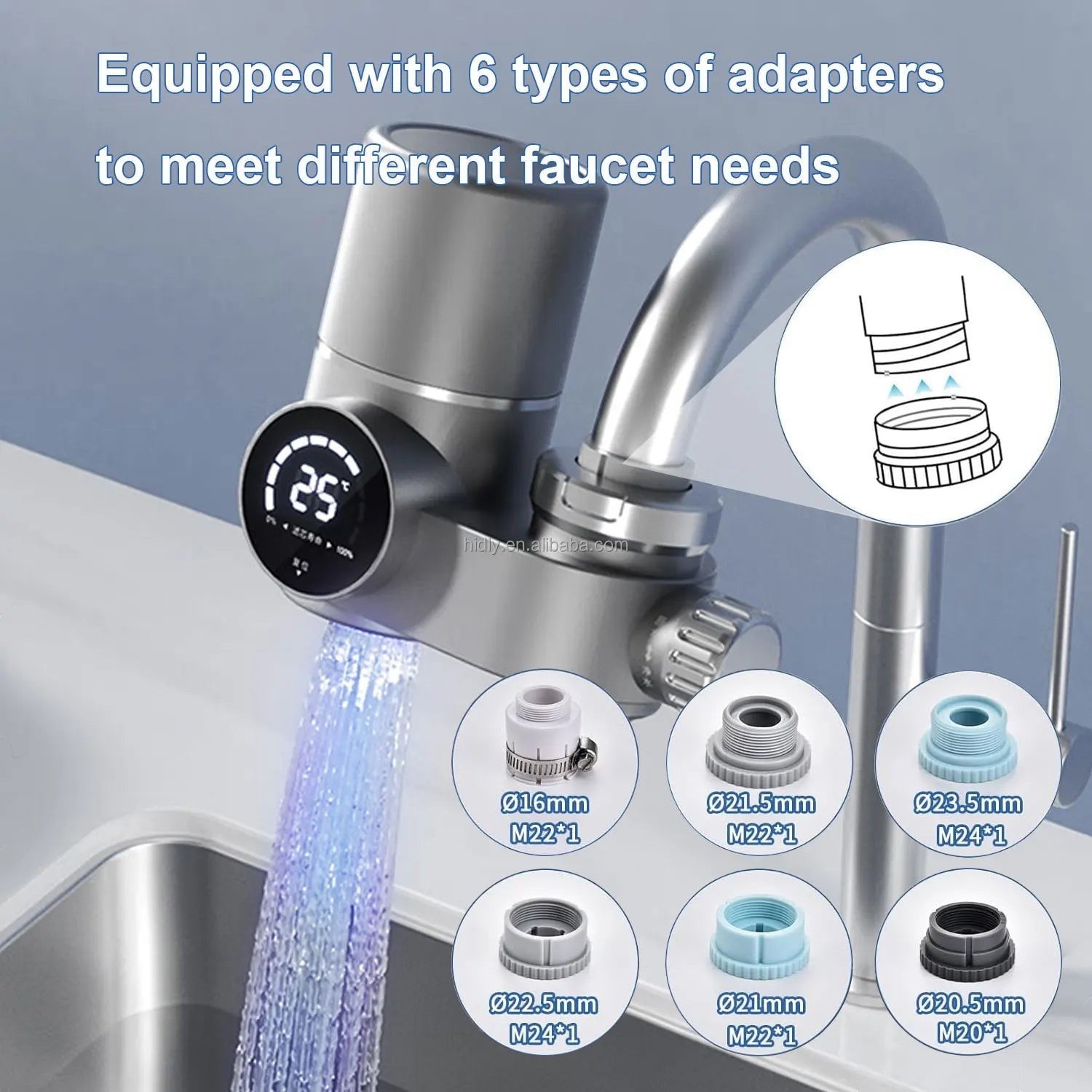 Your Essentials Online Smart UV Faucet Water Purifier with digital display and 6 adapter types for easy installation.