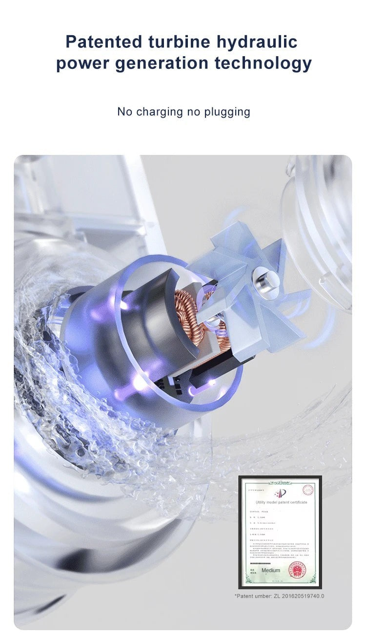 Your Essentials Online faucet water purifier internal mechanism with UV light and turbine. Activated carbon filter.